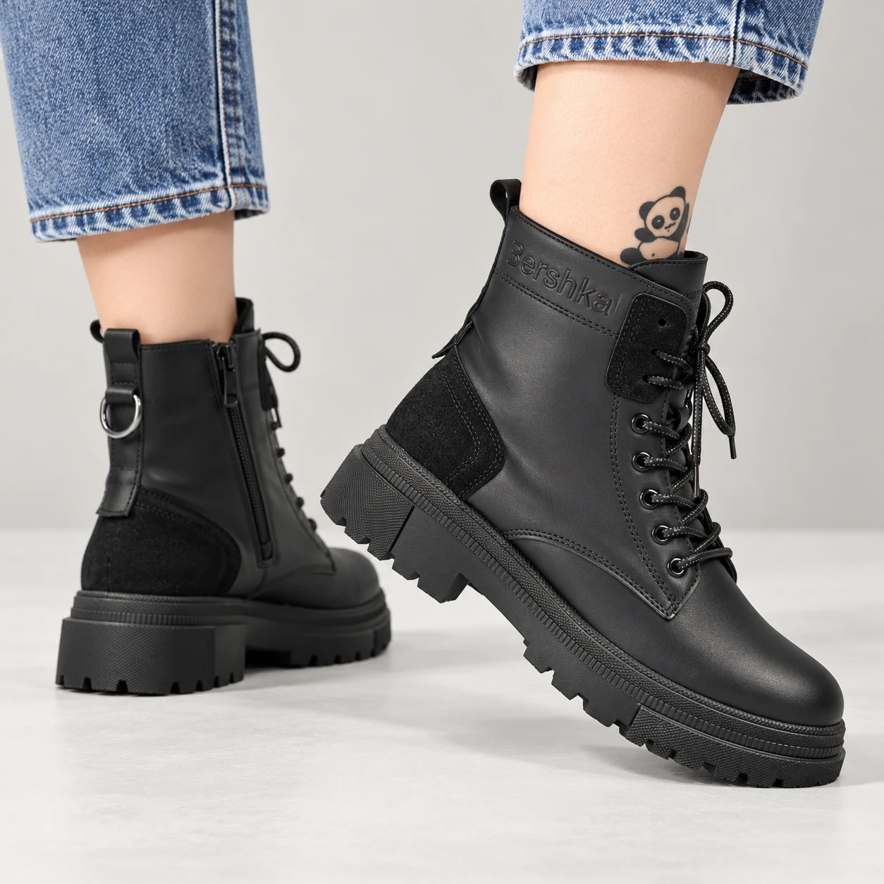 نیم بوت زنانه ضد آب مدل برشکا bershka مشکی ضد آب طرح چرم کد 9070-1